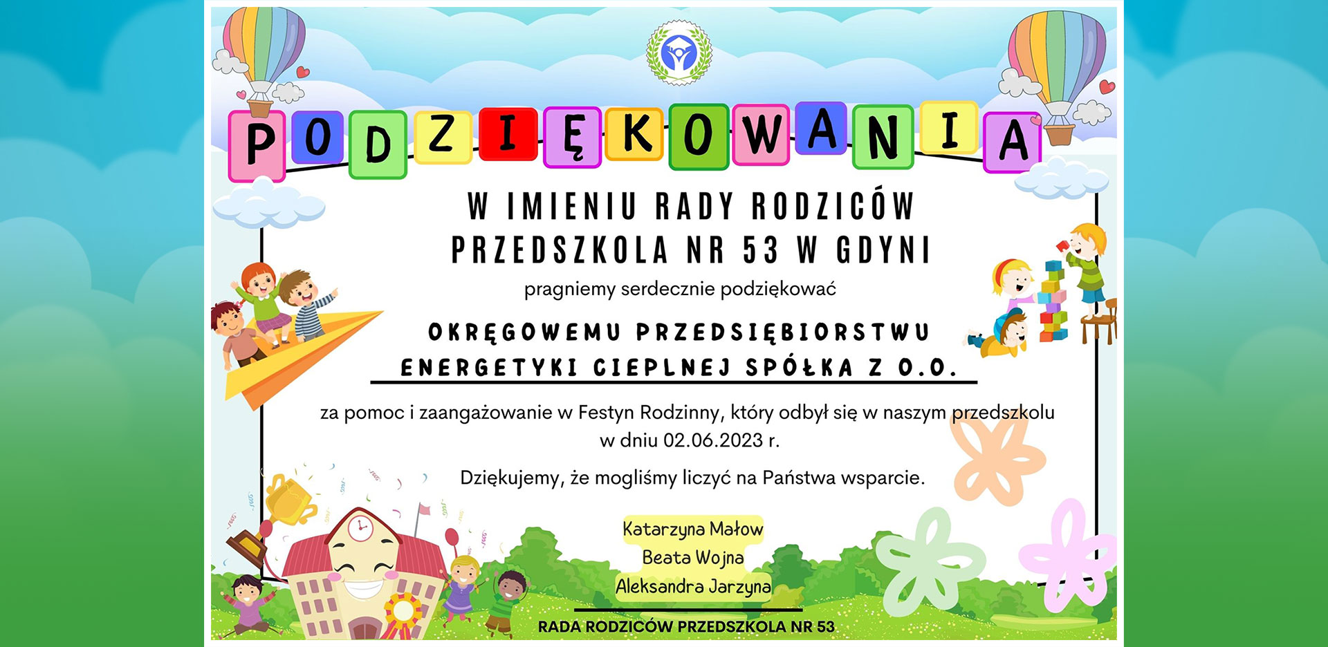 Podziękowanie dla OPEC w imieniu Rady Rodziców przedszkola nr 53 w Gdyni